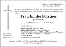 Traueranzeige Emilie Forstner