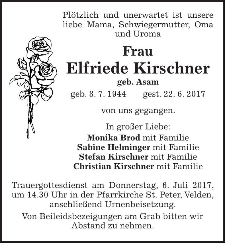 Traueranzeige Elfriede Kirschner