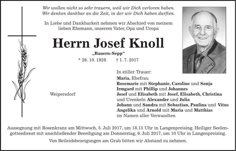 Traueranzeige Josef Knoll