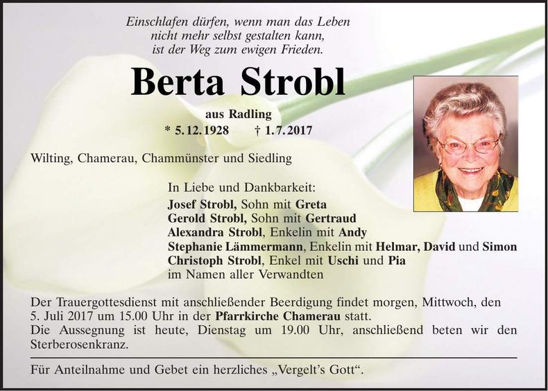 Traueranzeige Berta Strobl