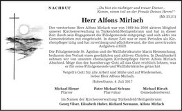 Traueranzeige Alfons Mirlach