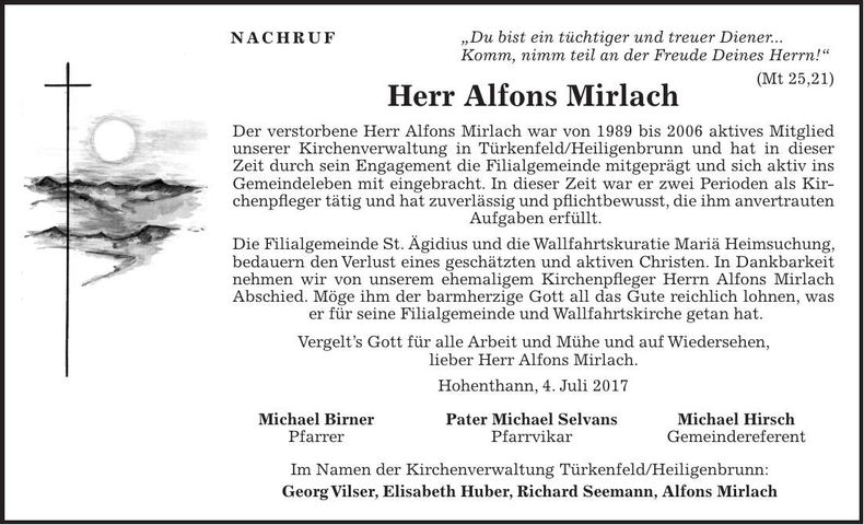 Traueranzeige Alfons Mirlach
