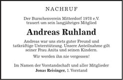Traueranzeige Andreas Ruhland