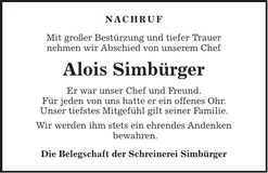 Traueranzeige Alois Simbürger