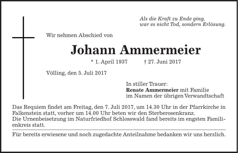 Traueranzeige Johann Ammermeier