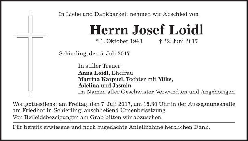 Traueranzeige Josef Loidl