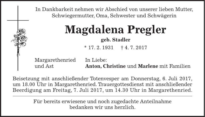 Traueranzeige Magdalena Pregler