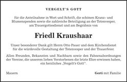 Traueranzeige Friedl Kraushaar
