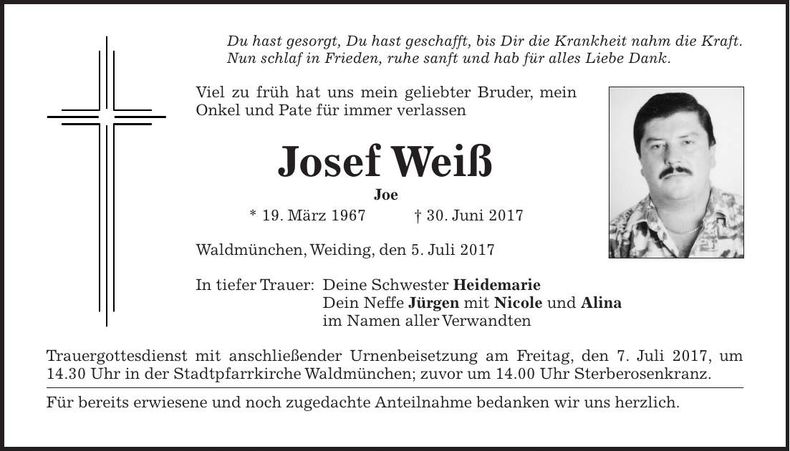 Traueranzeige Josef Weiß