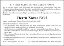 Traueranzeige Xaver Eckl