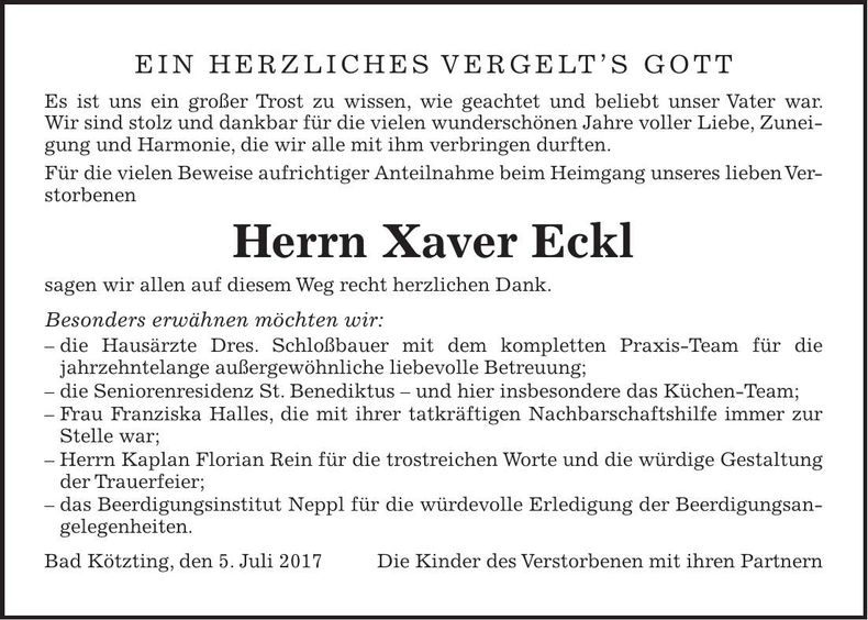 Traueranzeige Xaver Eckl