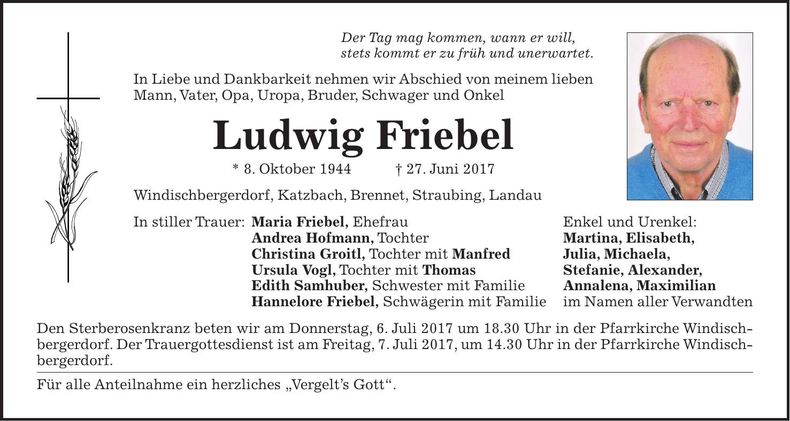 Traueranzeige Ludwig Friebel