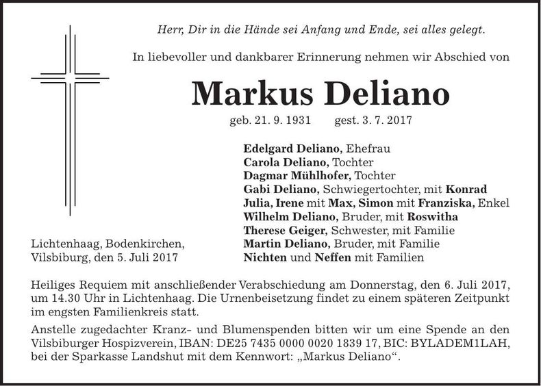 Traueranzeige Markus Deliano