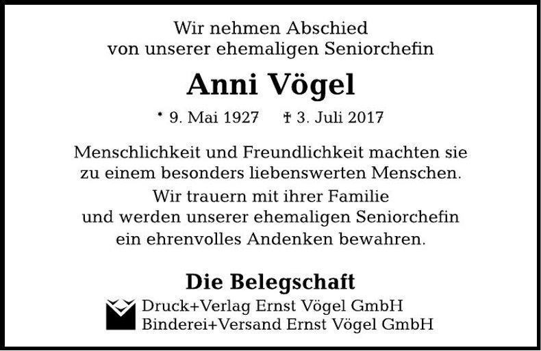 Traueranzeige Anni Vögel