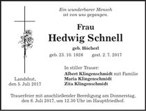 Traueranzeige Hedwig Schnell