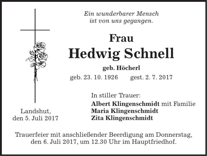 Traueranzeige Hedwig Schnell