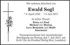 Traueranzeige Ewald Sogl