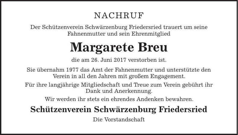 Traueranzeige Margarete Breu