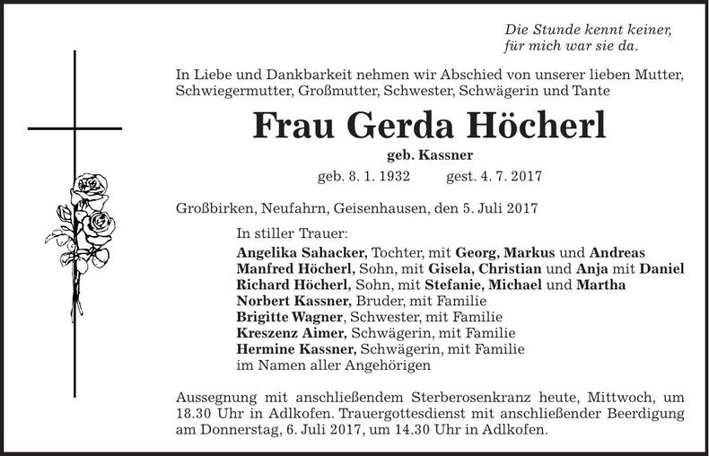 Traueranzeige Gerda Höcherl
