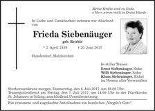 Traueranzeige Frieda Siebenäuger