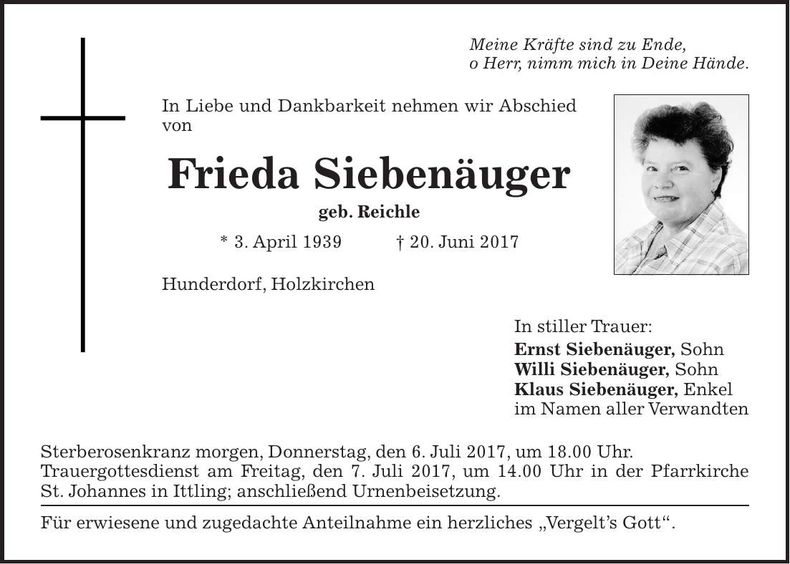 Traueranzeige Frieda Siebenäuger