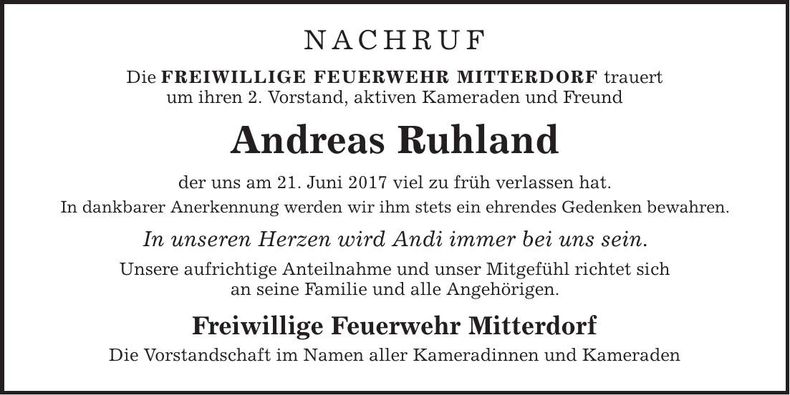 Traueranzeige Andreas Ruhland