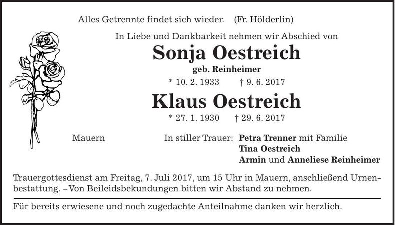 Traueranzeige Sonja und Klaus Oestreich
