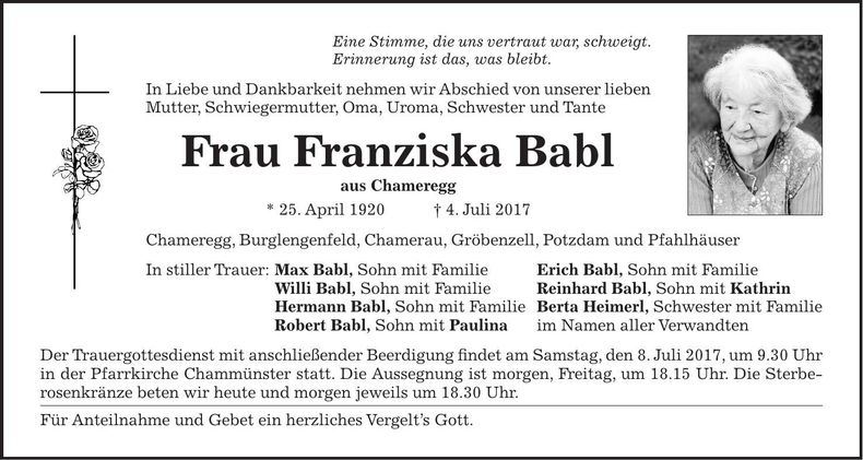Traueranzeige Franziska Babl