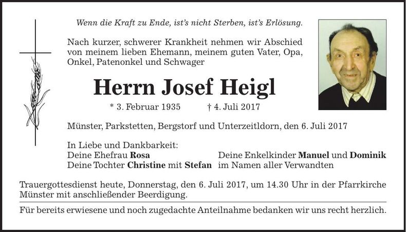Traueranzeige Josef Heigl