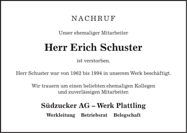 Traueranzeige Erich Schuster
