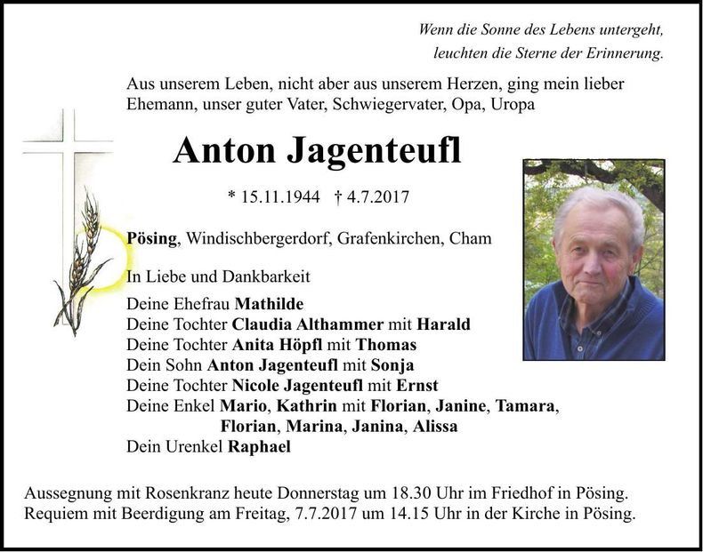 Traueranzeige Anton Jagenteufl