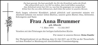 Traueranzeige Anna Brummer