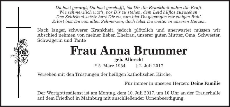 Traueranzeige Anna Brummer