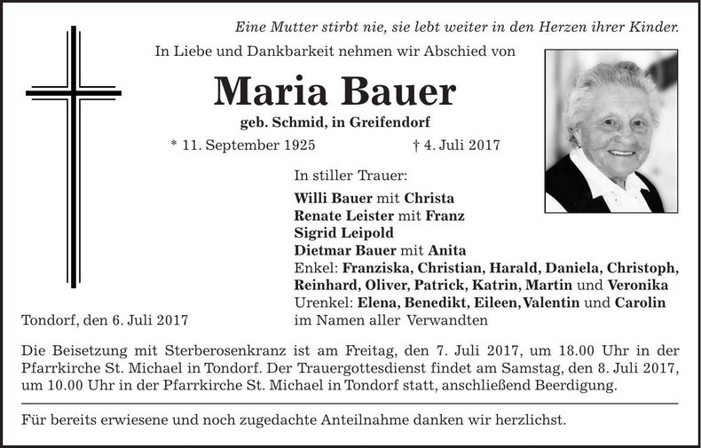 Traueranzeige Maria Bauer
