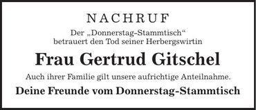 Traueranzeige Gertrud Gitschel