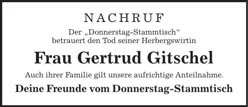Traueranzeige Gertrud Gitschel
