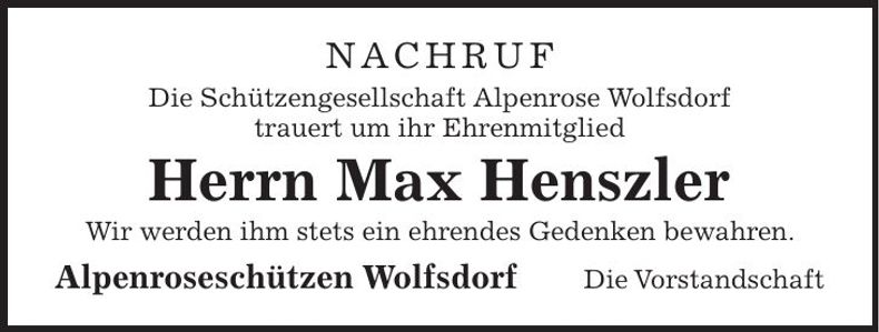 Traueranzeige Max Henszler