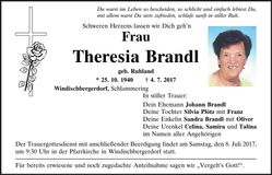 Traueranzeige Theresia Brandl