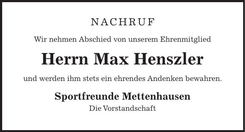 Traueranzeige Max Henszler