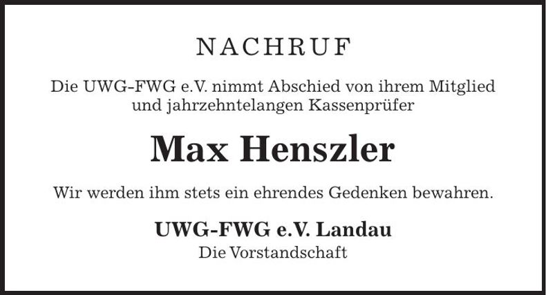 Traueranzeige Max Henszler
