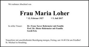 Traueranzeige Maria Loher