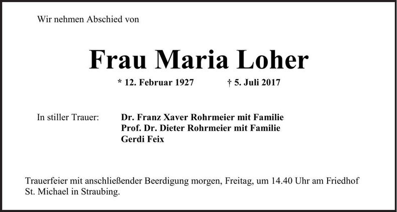 Traueranzeige Maria Loher