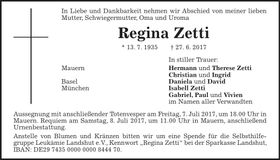 Traueranzeige Regina Zetti