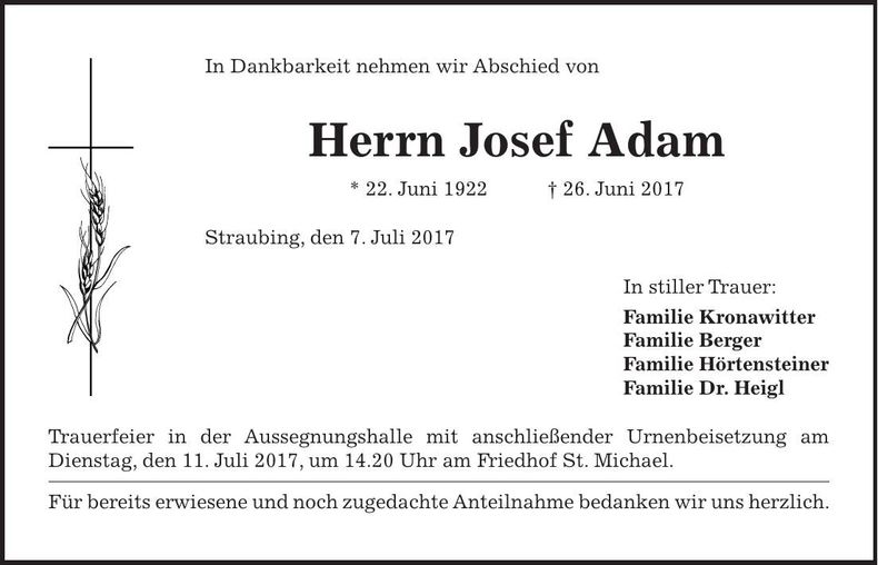 Traueranzeige Josef Adam