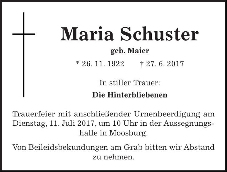 Traueranzeige Maria Schuster