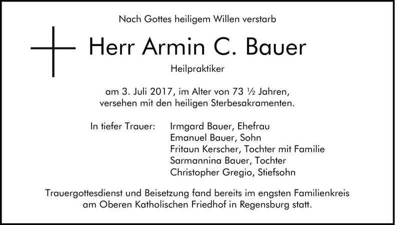 Traueranzeige Armin C. Bauer