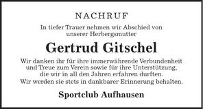 Traueranzeige Gertrud Gitschel
