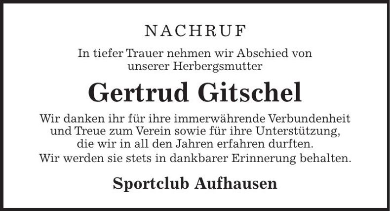 Traueranzeige Gertrud Gitschel