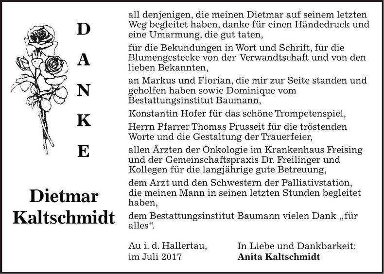 Traueranzeige Dietmar Kaltschmidt