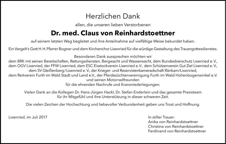 Traueranzeige Claus Von Reinhardstoettner